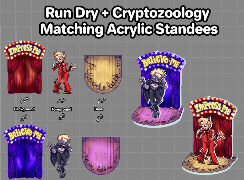 May include: Two acrylic standees featuring cartoon characters in front of a stage. The first standee features a character in a red suit with a devil tail, in front of a red curtain with the words "Impress Me" on top. The second standee features a character in a black suit with a microphone, in front of a purple curtain with the words "Believe Me" on top.