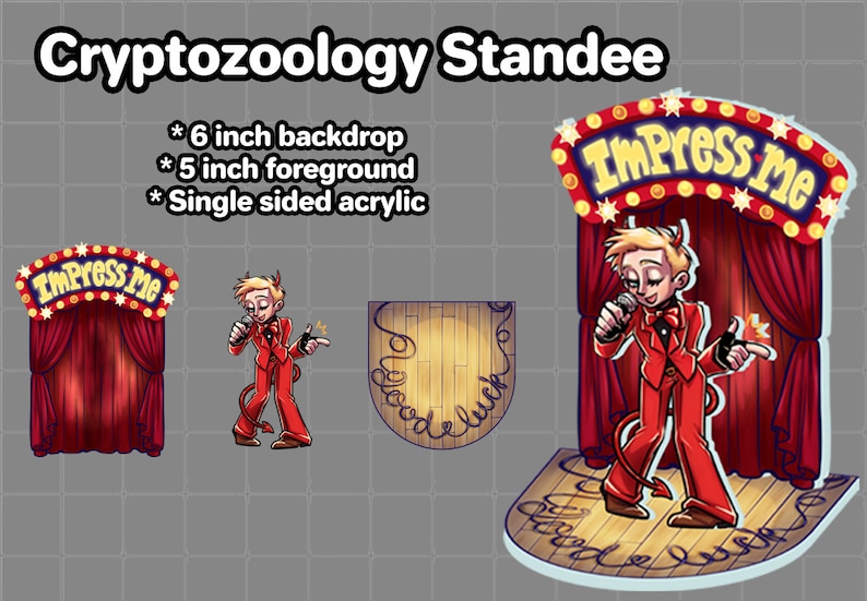 May include: A 6-inch tall acrylic stand-up cutout of a cartoon character with red hair and a devil tail, holding a microphone and standing on a stage with a red curtain and a sign that says "Impress Me".