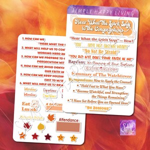 May include: Two white cards with text on an orange and yellow background. The cards have the text "SIMPLY HAPPY LIVING" and "Hear What the Spirit Says to the Congregations". The cards also have text about faith and experiences.