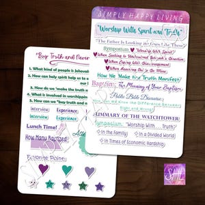 以下が含まれることがあります： テキストと装飾要素を含む2枚のカード。上のカードには「Simply Happy Living」と「Worship With Spirit and Truth」と書かれています。下のカードには「Buy Truth and Never」というテキストがあります。さまざまなトピックと質問が両方のカードにリストされています。