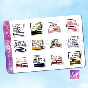 May include: A sheet of 12 colorful stickers featuring a television set with the text "Watch the Broadcast" or "Watch Monthly Broadcast".