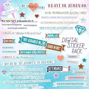 May include: A digital sticker pack with a colorful design featuring stars, hearts, and diamonds. The stickers are themed around the phrase "Not Ashamed of the Good News" and include text like "Boast in Jehovah" and "Romans 1:16".