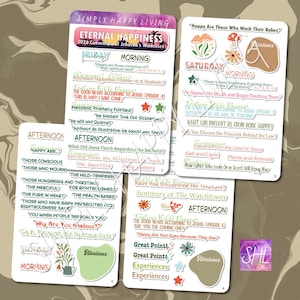 May include: Four decorative cards with text and illustrations, themed around "Eternal Happiness". The cards feature phrases such as "Happy are those conscious of their spiritual need" and "The Good News According to Jesus", with floral and mushroom motifs.
