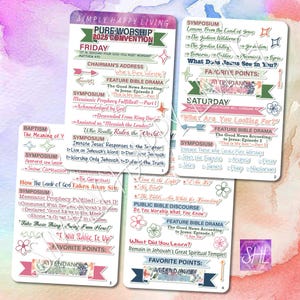 以下が含まれることがあります： 「ピュア・ワーシップ2025コンベンション」というタイトルのカラフルな印刷可能なカード4枚セット。カードは、金曜日と土曜日のセクションに分かれており、「バプテスマ」、「シンポジウム」、「特集聖書ドラマ」、「公開聖書討論」などの見出しがあります。各セクションには、キリスト教の信仰と礼拝に関連するトピックと議論のポイントのリストが含まれています。