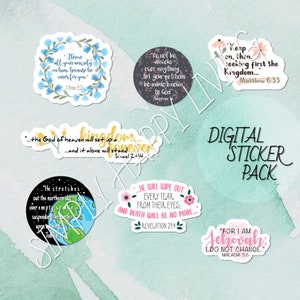 May include: A digital sticker pack with a variety of religious quotes and verses. The stickers feature floral designs and are in a variety of colors, including pink, blue, green, and yellow. The stickers are perfect for adding a touch of faith to your planner, laptop, or water bottle.