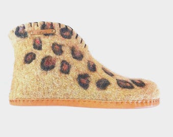 Wool Felt Slippers Booties with Leopard Design