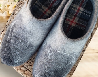 Men's Slide Wool Slippers with Marble Design - Gray and Black/ Comfortable and Cozy Felted Slippers.