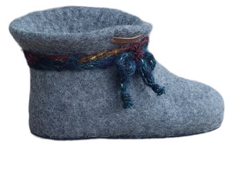 Warmth Unisex Grey Felted Wool Booties with Colorful Knitted Cord.