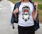 Beautiful design of an indian girl prepared for war with her face painted with red. Quality ring-spun white cotton printed t-shirt.
