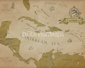 Fantasy-style Caribbean Map Wall poster digital paper print art decoration weddings honeymoon present travel lover explorer gift