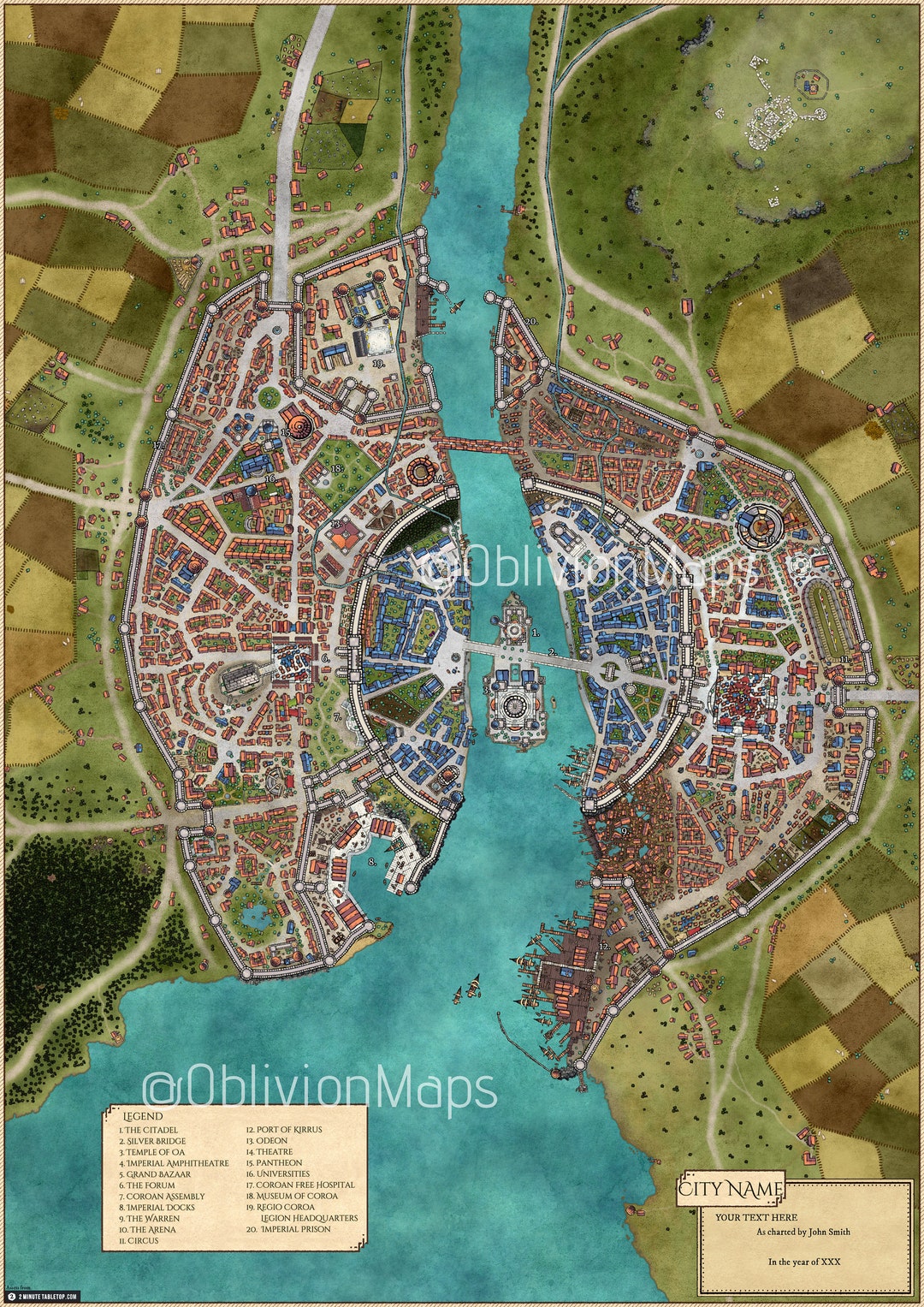 Fantasy City Map Digital Rpg Game Map D&d Dnd Poster Art Print Etsy