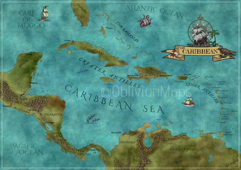 Fantasy-style Caribbean Map Wall digital print poster art decoration weddings honeymoon present travel lover explorer gift image 1