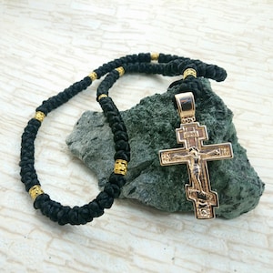 Chotki 50-150 knot Orthodox Prayer Rope: Black Komboskini Rosary with Three Bar Cross