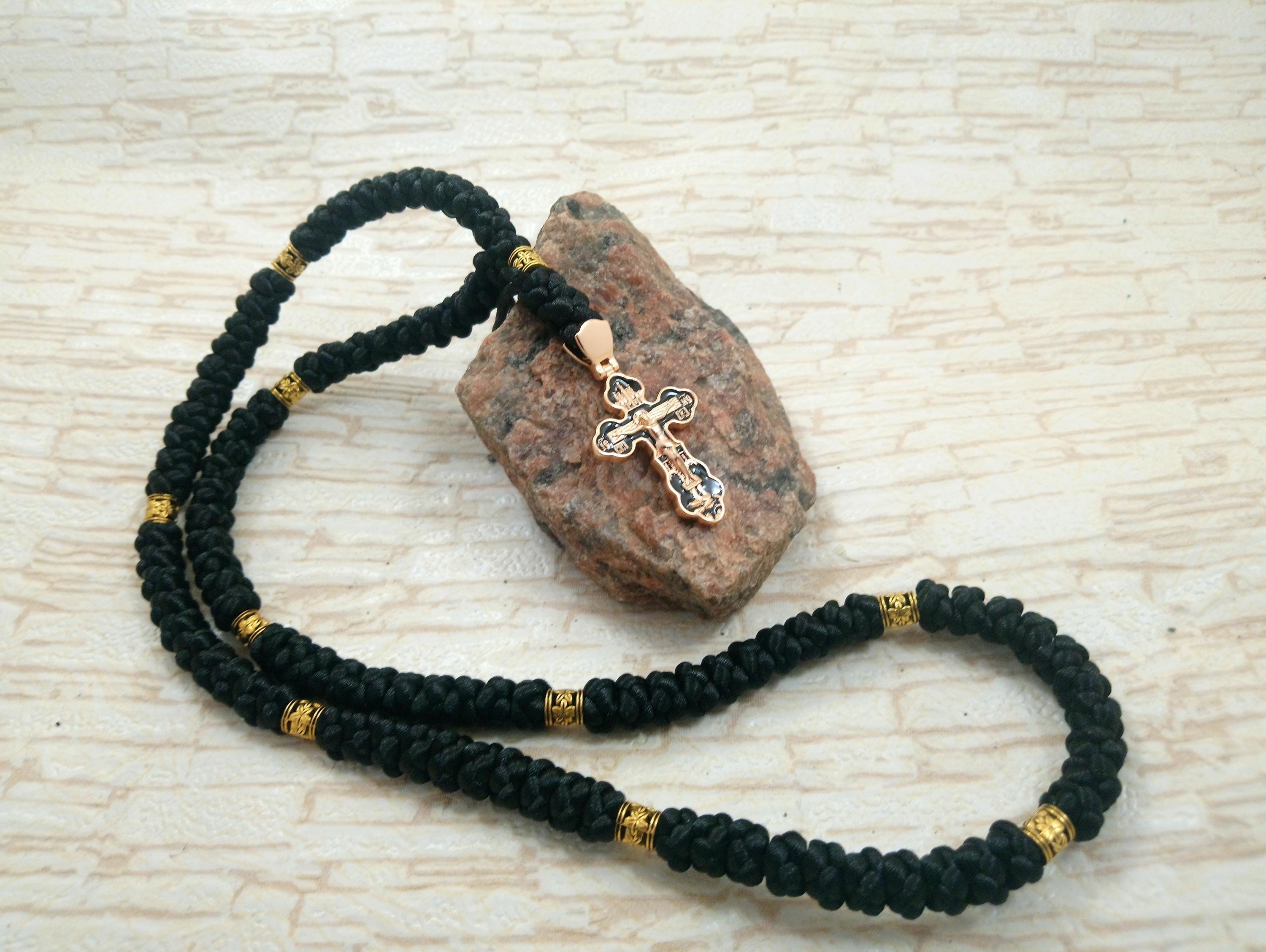 Orthodox Prayer Rope: 100 Knots Black Komboskini, 18K Gold Cross - Etsy