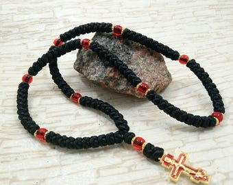 100 knots Orthodox Prayer Rope: Black Chotki Rosary with Metallic Cross Komboskini