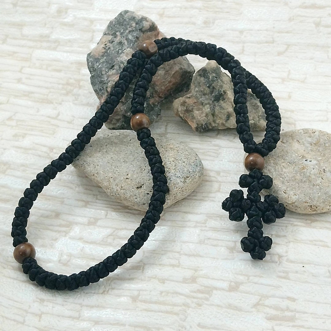 Orthodox Christian Gift Prayer Rope Chotki Black Komboskini Satine Cord  Knotted Rosary Plastic Bead Brojanica Monastic Handmade 100 Knots 