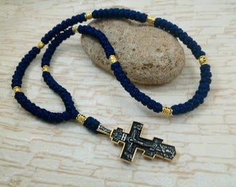 Orthodox Prayer Rope: 100 Knots Komboskini, Gold Cross, Monastery Blessed Black Chotki