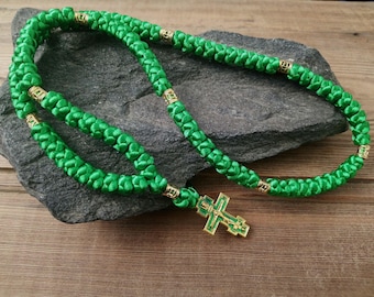 Green Orthodox Prayer Rope: 100 Knots Komboskini Rosary with Metallic Cross