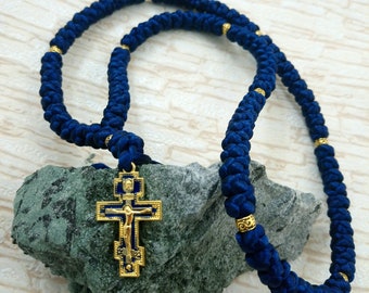 Blue Orthodox Prayer Rope: 100 Knots, Komboskini Chotki Christian Rosary with Cross