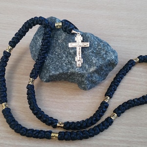 Cordón de oración ortodoxo Chotki de 50-150 nudos: Rosario Komboskini negro con cruz de tres barras