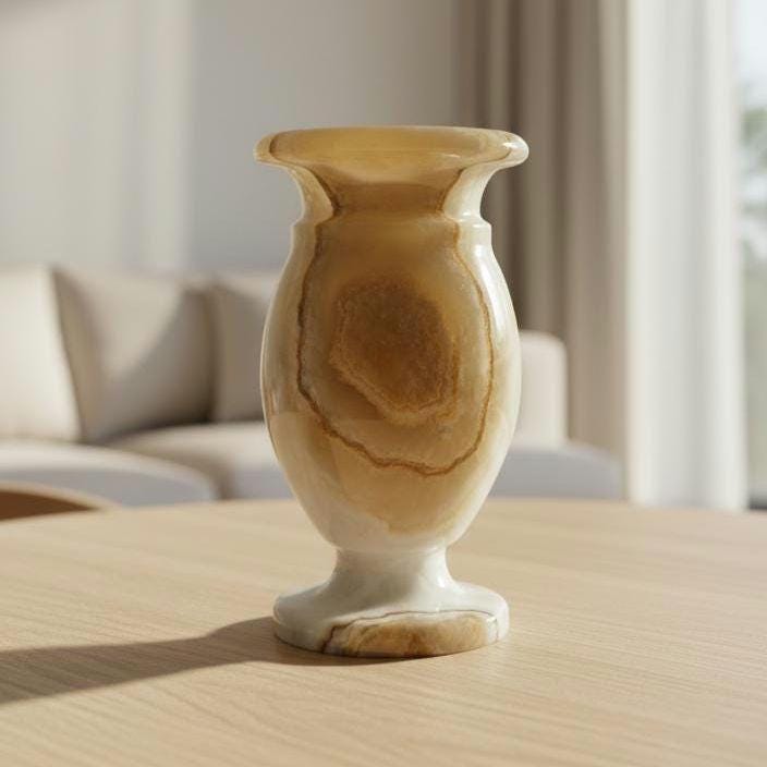 Petit vase vintage en marbre onyx vert naturel poli, sculpté à la main. 741 g, 11 cm de haut. - France