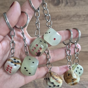 Handcrafted Onyx Dice Keychain Natural Stone Gaming Charm Painted Dots Unique Gamer Gift Accessory