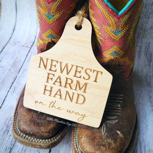 May include: A wooden sign with the text "NEWEST FARM HAND on the way" in a rustic font. The sign is attached to a pair of brown cowboy boots with red and turquoise embroidery.