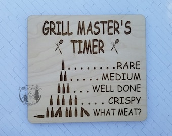 May include: Wooden sign with the text "GRILL MASTER'S TIMER" and grilling icons. The sign has a grilling guide with levels of doneness: Rare, Medium, Well Done, Crispy, and What Meat?
