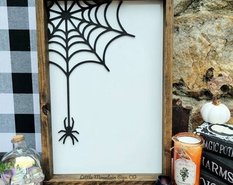 Spider Web Spider Sign, Farmhouse Halloween Sign, Wood Sign, 3D, Spooky, Framed, Haunted Signs, Farmhouse Home Decor, Shelf sitter, Fall