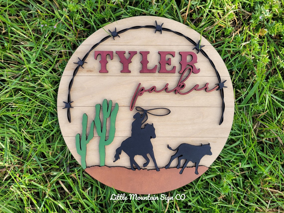 Western Cowboy Roping Calf Name Sign, Personalized Nursery Round Sign ...
