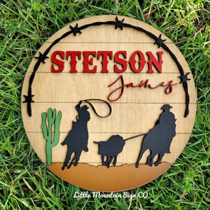 Western Cowboy Team Roping Calf Name Sign, Personalized Nursery Round ...