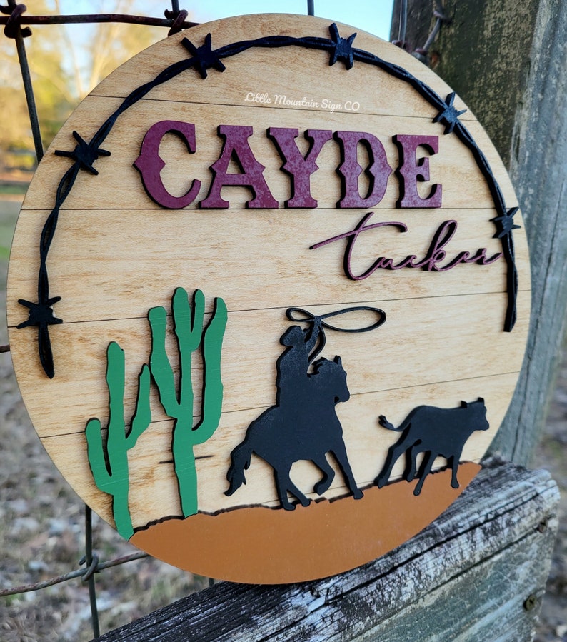 Western Cowboy Roping Calf Name Sign, Personalized Nursery Round Sign ...