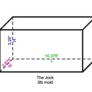 May include: Line drawing of a rectangular box with dimensions labeled 10.375 inches long, 2.875 inches wide, and 3.25 inches high. The text "The Jock 3lb mold" is below the box.