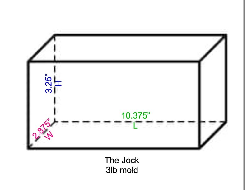 May include: Line drawing of a rectangular box with dimensions labeled 10.375 inches long, 2.875 inches wide, and 3.25 inches high. The text "The Jock 3lb mold" is below the box.