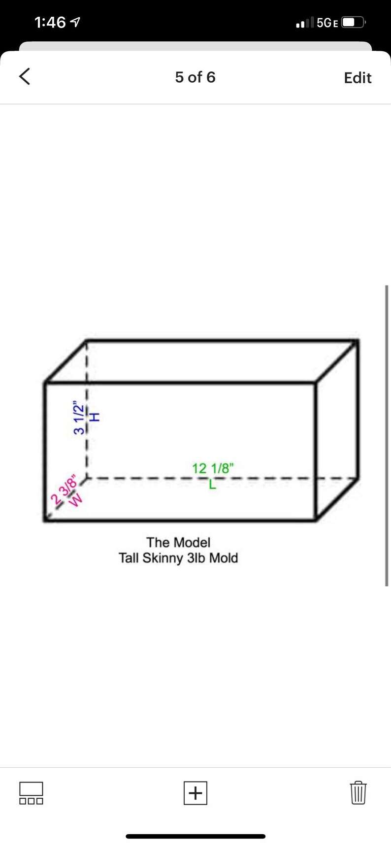 May include: Line drawing of a rectangular box with dimensions labeled 12 1/8 inches long, 2 3/8 inches wide, and 3 1/2 inches high. The text "The Model Tall Skinny 3lb Mold" is below the drawing.