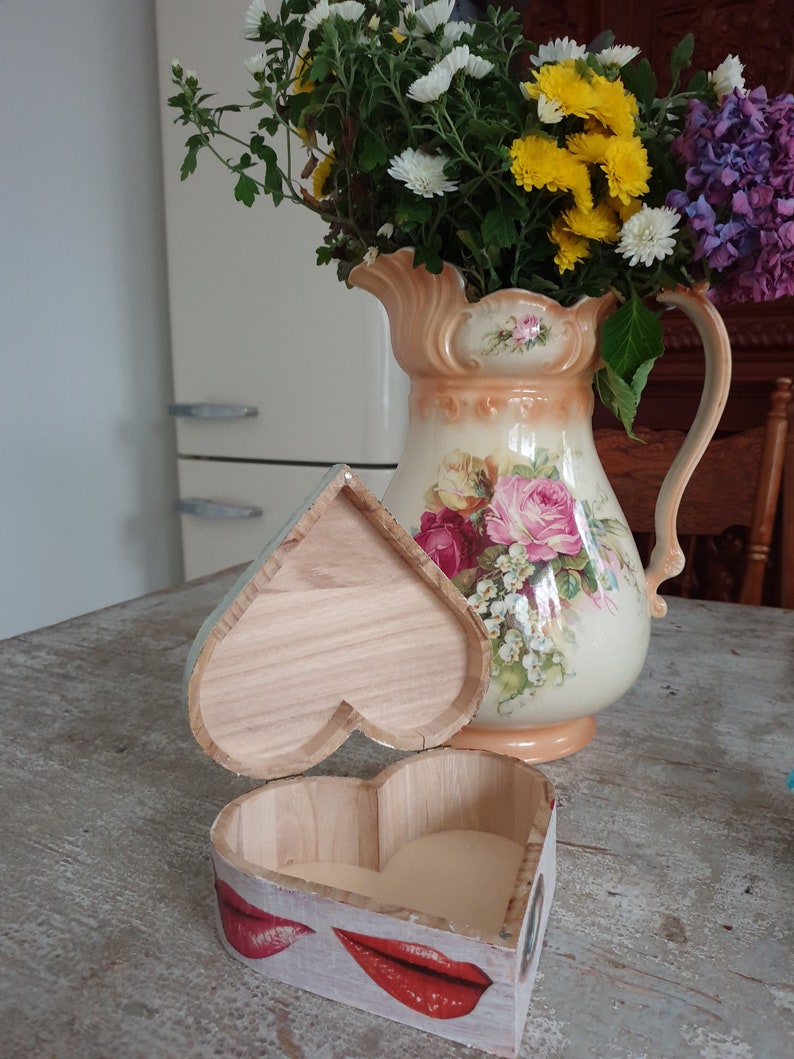 Heart shaped wooden decoupage box