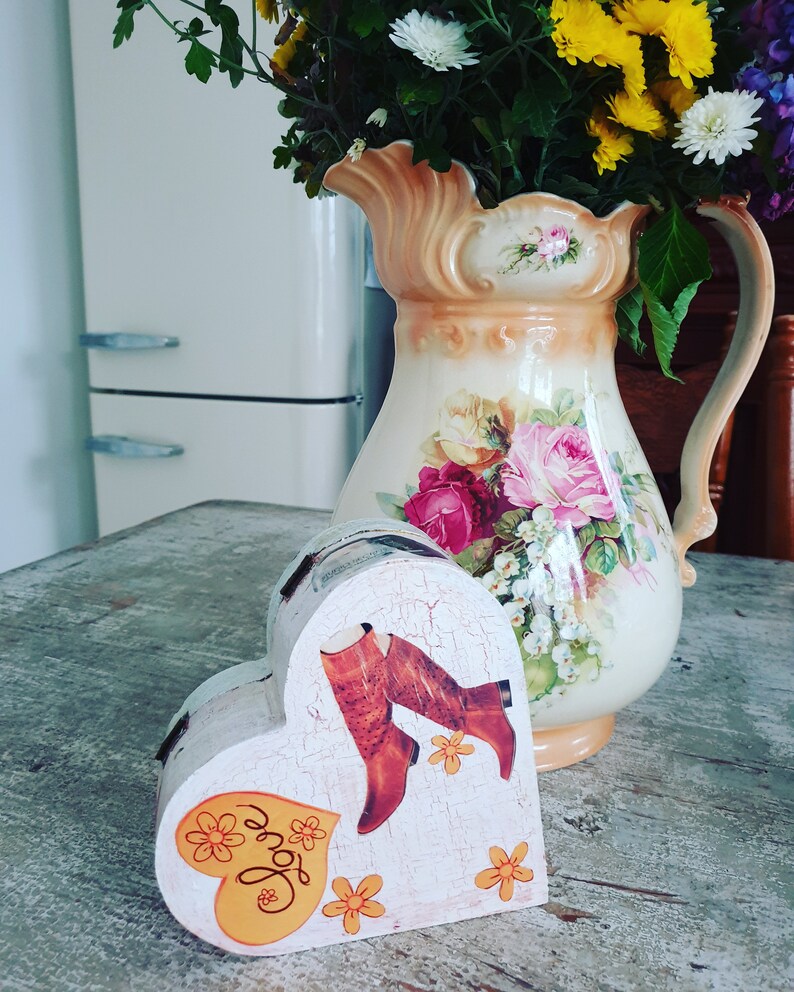 Heart shaped wooden decoupage box