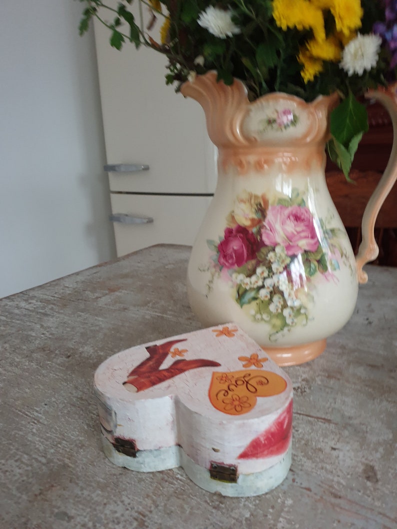 Heart shaped wooden decoupage box
