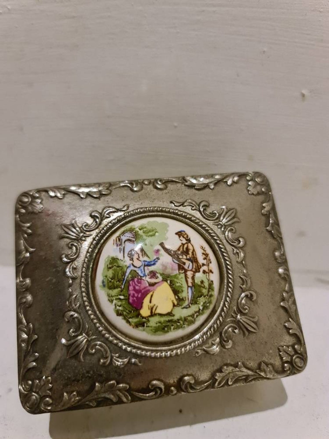 Beautifull Embossed Metal Trinket Box With Porcelain Detail Etsy