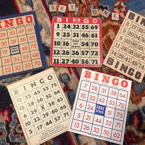 Set di cinque cartelle da bingo vintage, perfette per decorazioni, album, effimere, festività, smash journal, biglietti fatti in casa, artigianato e regali. immagine 2
