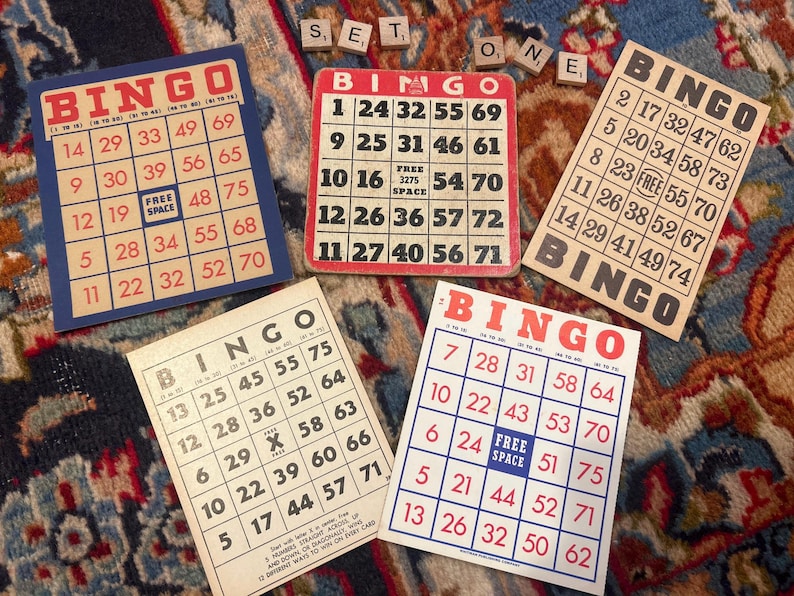 Set di cinque cartelle da bingo vintage, perfette per decorazioni, album, effimere, festività, smash journal, biglietti fatti in casa, artigianato e regali. immagine 2
