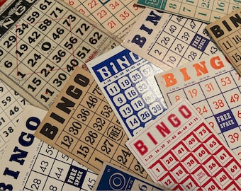 Vintage bingo cards, set of five — perfect for decorating, scrapbooks, ephemera, holidays, smash journals, homemade cards, crafts and gifts