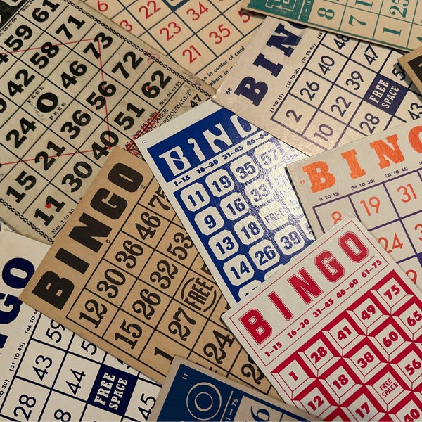 Vintage bingo cards, set of five — perfect for decorating, scrapbooks, ephemera, holidays, smash journals, homemade cards, crafts and gifts