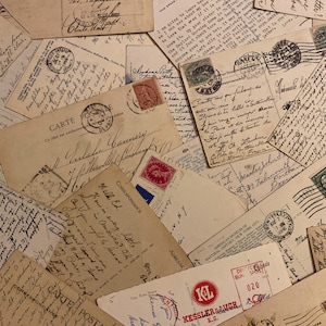 20 vintage postcards with gorgeous script and interesting messages — perfect for scrapbooks, junk journals, decorating, gifts and collages