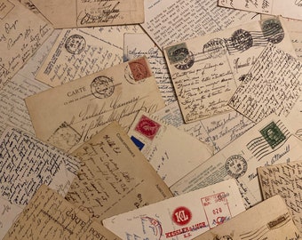 20 vintage postcards with gorgeous script and interesting messages — perfect for scrapbooks, junk journals, decorating, gifts and collages