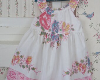 Toddler dress made from upcycled vintage tablecloth with pink flowers / Size 3T / Perfect for weddings, birthdays, special occasions