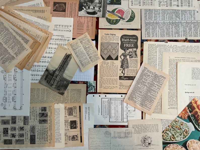 One pound of vintage paper / 150 pages from books, magazines, cookbooks, dictionaries / Ephemera for scrapbooks, journals, collages, crafts image 2