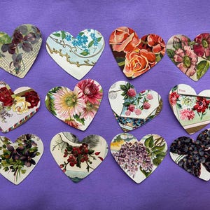 12 corações cortados de cartões postais florais vintage / Seleção aleatória / Perfeito para fazer cartões de dia dos namorados, decoração, guirlanda de corações, presentes, álbuns de recortes
