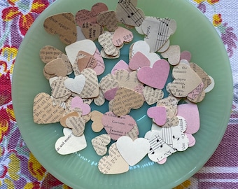 Small heart confetti made from vintage paper // Set of 100 tiny hearts // Perfect for weddings, showers, Valentines Day, collages and crafts