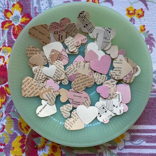 Small heart confetti made from vintage paper // Set of 100 tiny hearts // Perfect for weddings, showers, Valentines Day, collages and crafts